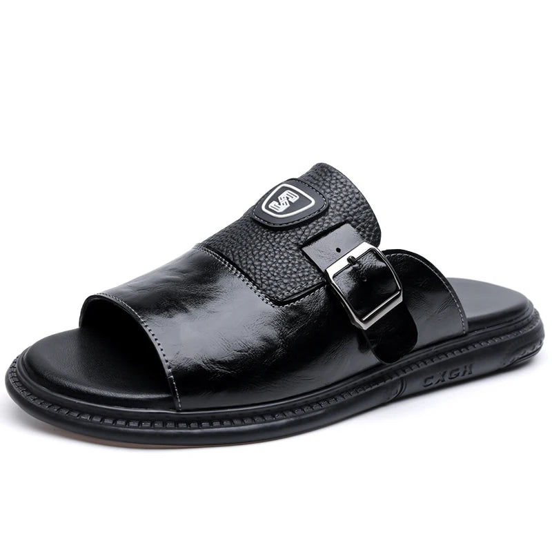 Men's Leather Slide Sandals with Buckle Strap – Footmaxldn