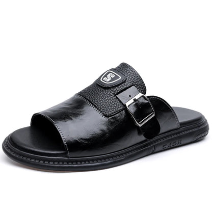 Men's Leather Slide Sandals with Buckle Strap – Footmaxldn