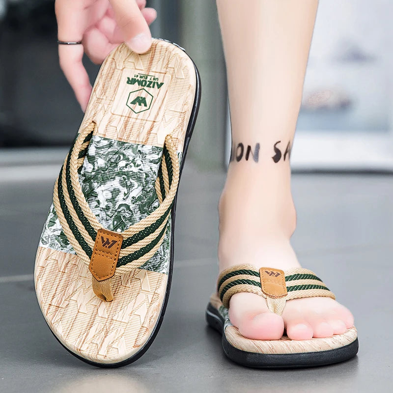 Japanese wood grain flip flops for men in summer wear anti-slip trend printed soft bottom clip foot stroke beach sand sand - footmaxldn