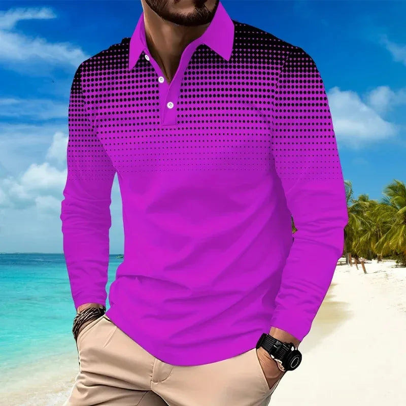 Footmax Men's Gradient Dot Print Golf Polo Shirt - Long Sleeve Casual Streetwear Button Up - footmaxldn