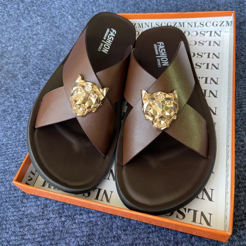 size38-48 original shoes brand summer leather slides for man black brown fashion shoes for mens slippers business beach slippers - footmaxldn