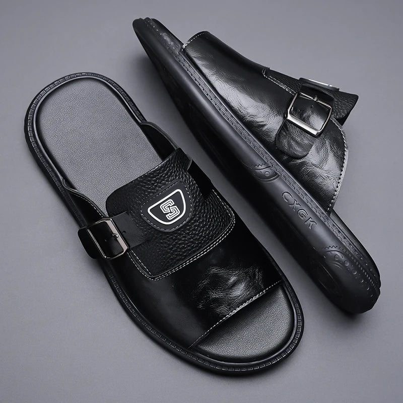 Men's Leather Slide Sandals with Buckle Strap – Footmaxldn
