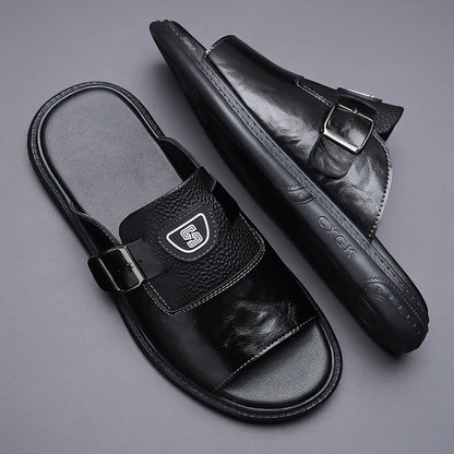 Men's Leather Slide Sandals with Buckle Strap – Footmaxldn