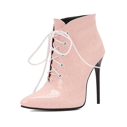 Footmax Women's Stiletto Ankle Boots - 12cm Pointed Toe Lace-Up Party Booties - footmaxldn
