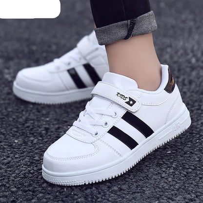 Kids' White & Black Stripe Velcro Trainers — Unisex School & Sport Sneakers