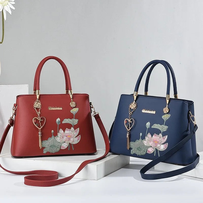 Footmax Embroidered Leather Handbag - Women's Business Shoulder Bag Black