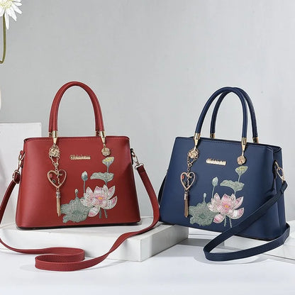 Footmax Embroidered Leather Handbag - Women's Business Shoulder Bag Black