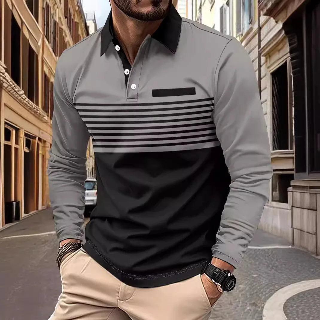 Footmax Men's Striped Collar Long Sleeve Polo Shirt - Casual Autumn 2025 - footmaxldn