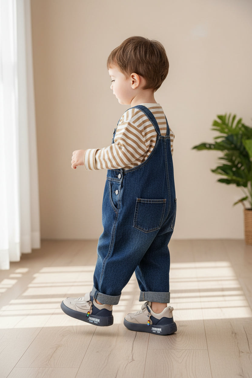 A pair of children's low-top sneakers in light beige and navy blue, featuring hook-and-loop straps, thick navy soles with 'FASHION since 1988' text, and a small rainbow charm, photographed on a gray textured floor.