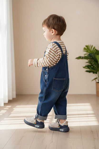 A pair of children's low-top sneakers in light beige and navy blue, featuring hook-and-loop straps, thick navy soles with 'FASHION since 1988' text, and a small rainbow charm, photographed on a gray textured floor.