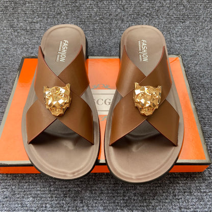 Men's Leather Cross-Strap Slides with Gold Lion Emblem – Footmaxldn