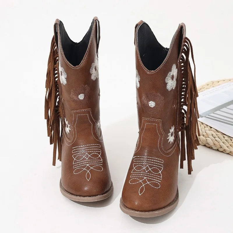 Floral Western Knee High Boots Girls Premium Quality Slip-on Fringe Cowboy Booties Kids Autumn Heeled Point Toe Botas para niños - footmaxldn