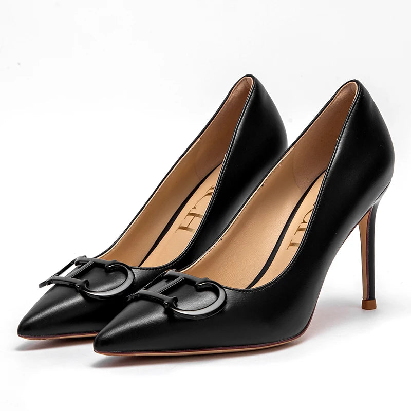 Footmax Women's High Heel Party Shoes - 9cm Pointed Metal Buckle Carnival Heels - footmaxldn