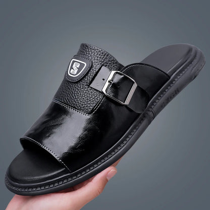 Men's Leather Slide Sandals with Buckle Strap – Footmaxldn