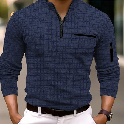 Footmax Men's Plaid Turtleneck Zipper Polo Shirt - Long Sleeve Business Casual Sports - footmaxldn