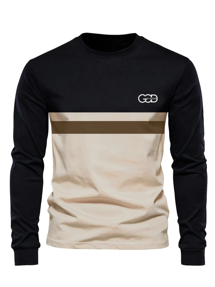 Men's Beige & Black Colour-Block Long-Sleeve T-Shirt