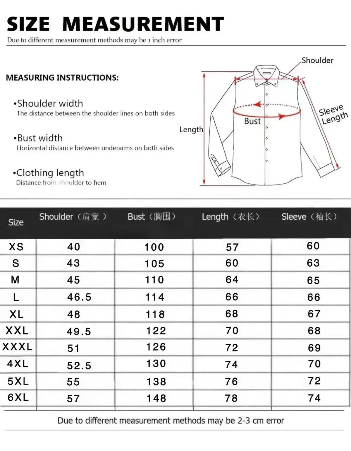 Size measurement chart for shirts with shoulder, bust, length, and sleeve dimensions.