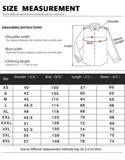Size measurement chart for shirts with shoulder, bust, length, and sleeve dimensions.