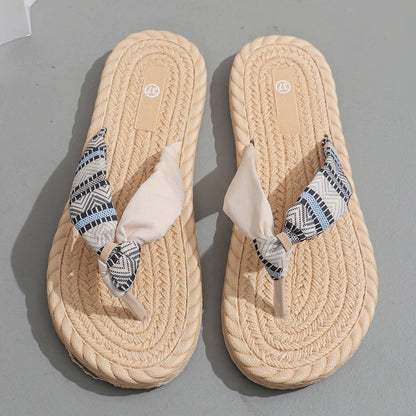 Women's Ethnic Print Flat Slippers | Beige Woven Mule Sandals