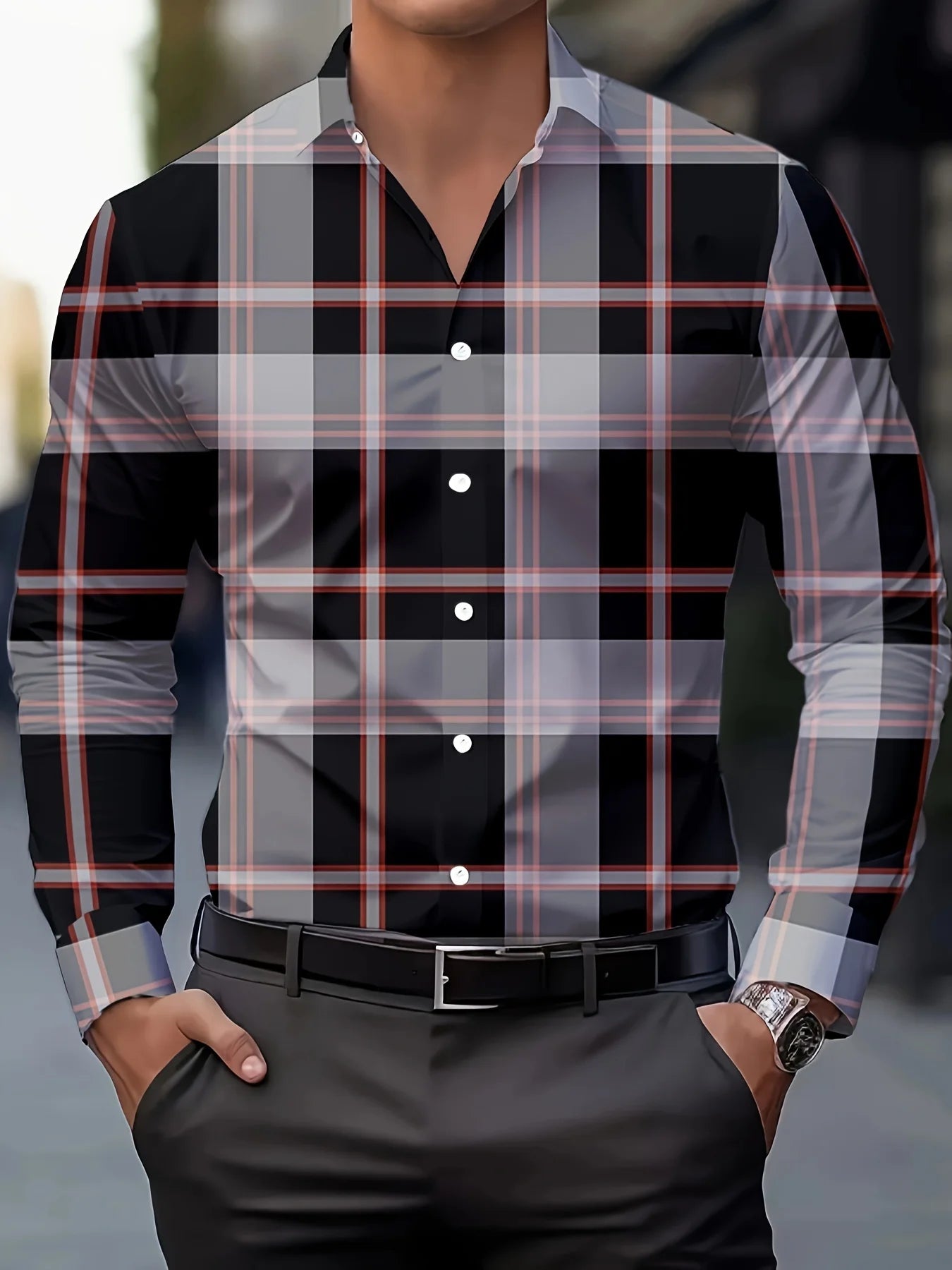 Footmax Men's Plaid Long Sleeve Shirt - Breathable Casual Business Lapel Shirt - footmaxldn