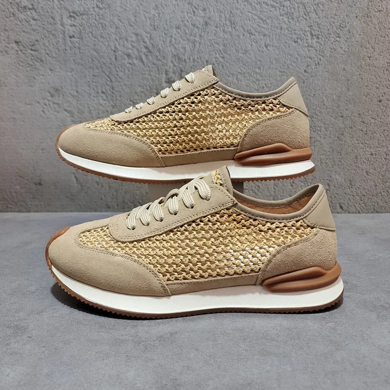 Men's Breathable Woven Sneakers | Leather-Trim Lace-Up Casual Shoes