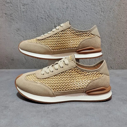 Men's Breathable Woven Sneakers | Leather-Trim Lace-Up Casual Shoes