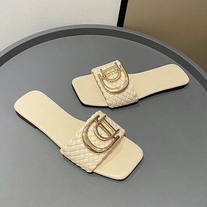 Women Slippers Party Sexy Elegant Slippers Women Luxury Decor Weave Designer Flat Sandals Fashion Open-toe Vacation Slides Women - footmaxldn