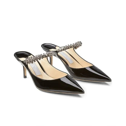 Footmaxldn Rhinestone Chain Stiletto Mules – Patent Leather High Heel Sandals for Women