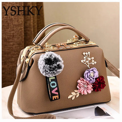 Footmax Luxury Crossbody Bag with Pom-Pom - Designer Women's Shoulder Handbag