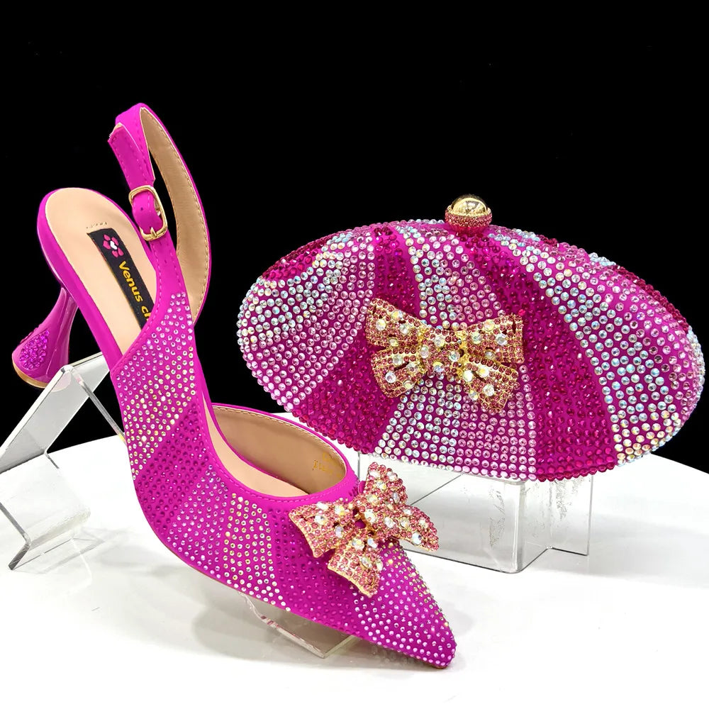 Venus Chan Nigeria Design Rhinestone-encrusted Sex Ladies Shoes And Oval Bag High Heels And Purple Color Mini Bag - footmaxldn