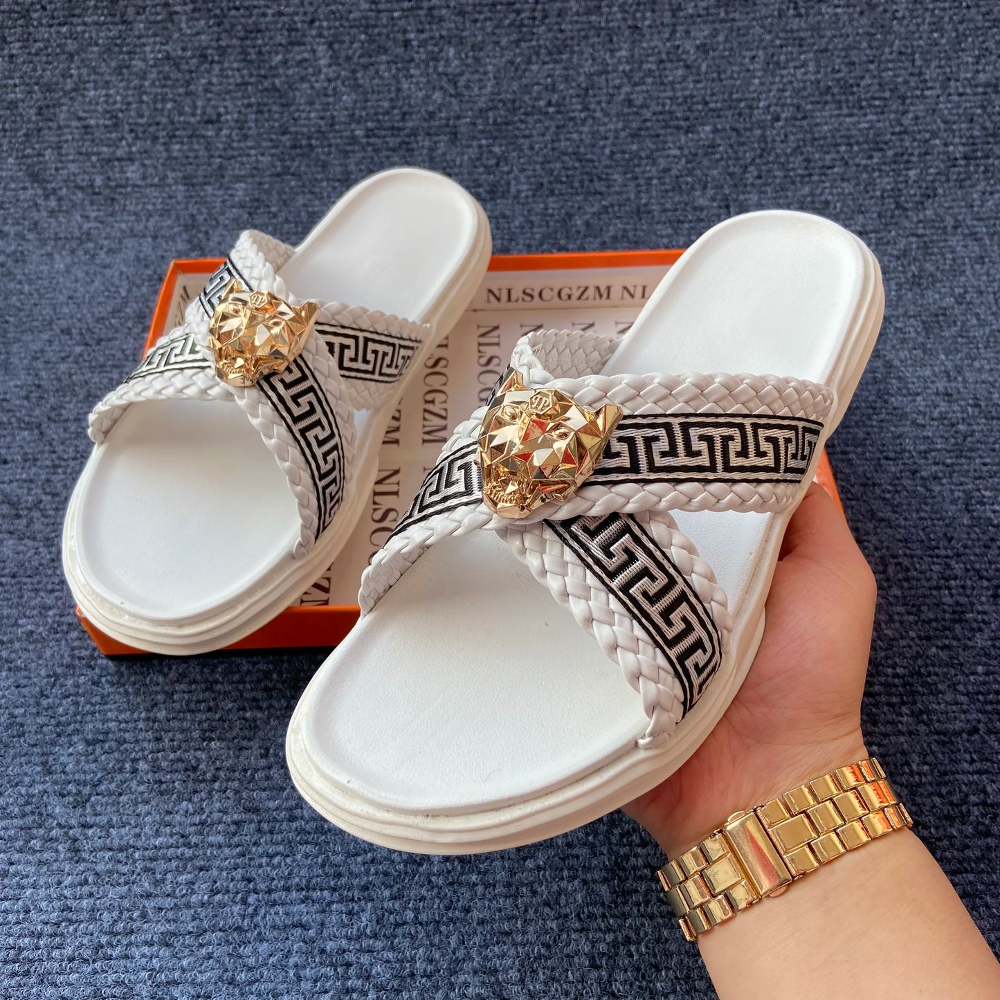 Footmaxldn Lion Head Cross-Strap Slides | Men's Designer Sandals
