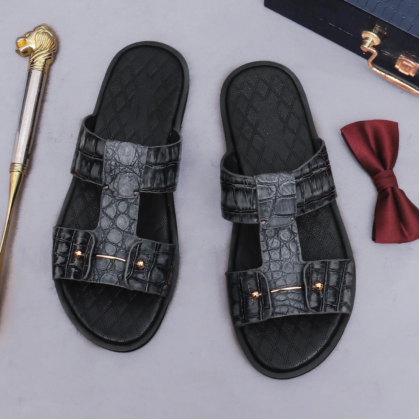 Men's Croc-Embossed Leather Slide Sandals | H-Strap Summer Slides – Footmaxldn