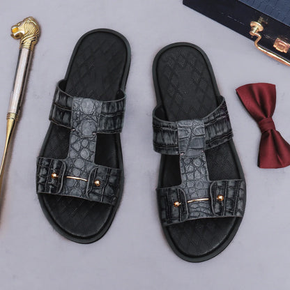 Men's Croc-Embossed Leather Slide Sandals | H-Strap Summer Slides – Footmaxldn