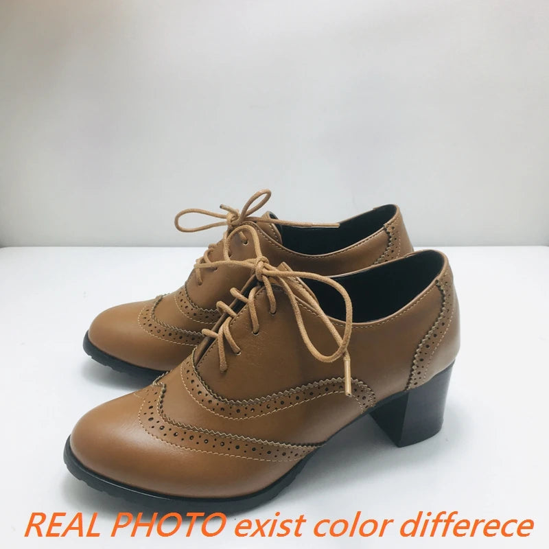 Footmax Women's Wood Heel Platform Brogue Pumps - 5.5cm Carved Retro Lace-Up Shoes - footmaxldn