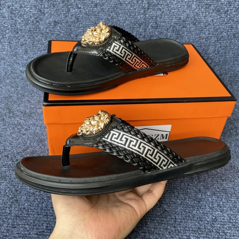 Footmaxldn Lion Head Flip Flops – Men's Luxury Leather Thong Sandals