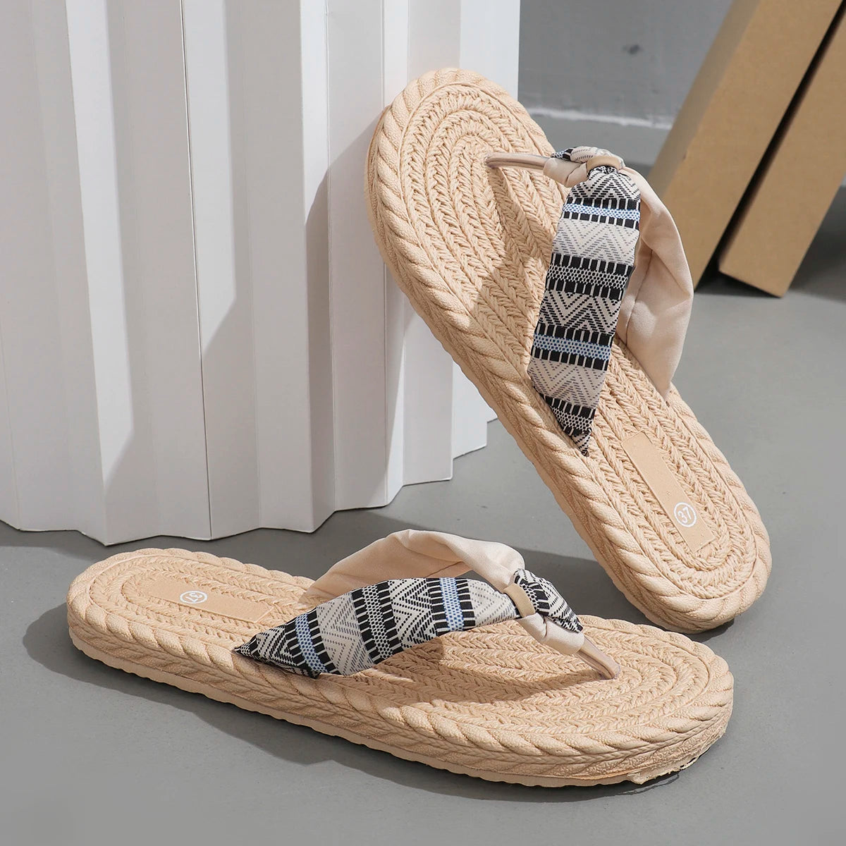Women's Ethnic Print Flat Slippers | Beige Woven Mule Sandals