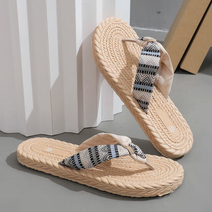 Women's Ethnic Print Flat Slippers | Beige Woven Mule Sandals