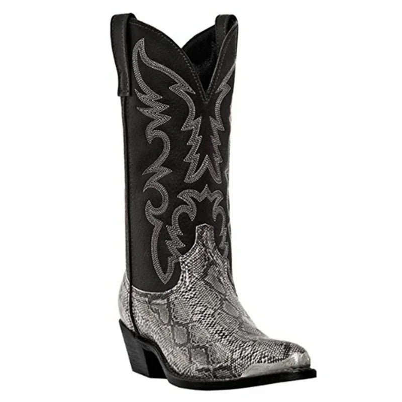 Metallic Snakeskin-Effect Embroidered Cowboy Boots