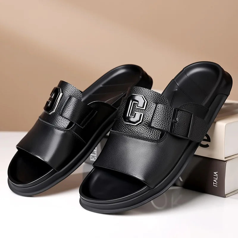Men's Genuine Leather Platform Sandals | Roman Buckle Summer Slides – Footmaxldn