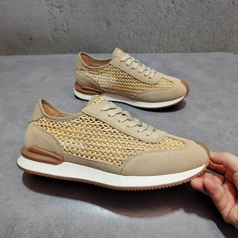 Men's Breathable Woven Sneakers | Leather-Trim Lace-Up Casual Shoes