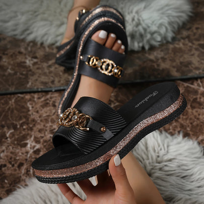 Cross-Border Flip-Flops for Women, Summer New Fashion Slippers with Ring Chain and Rhinestones, Suitable for Home and Outdoor Wear, Beach Party Casual Slippers - footmaxldn