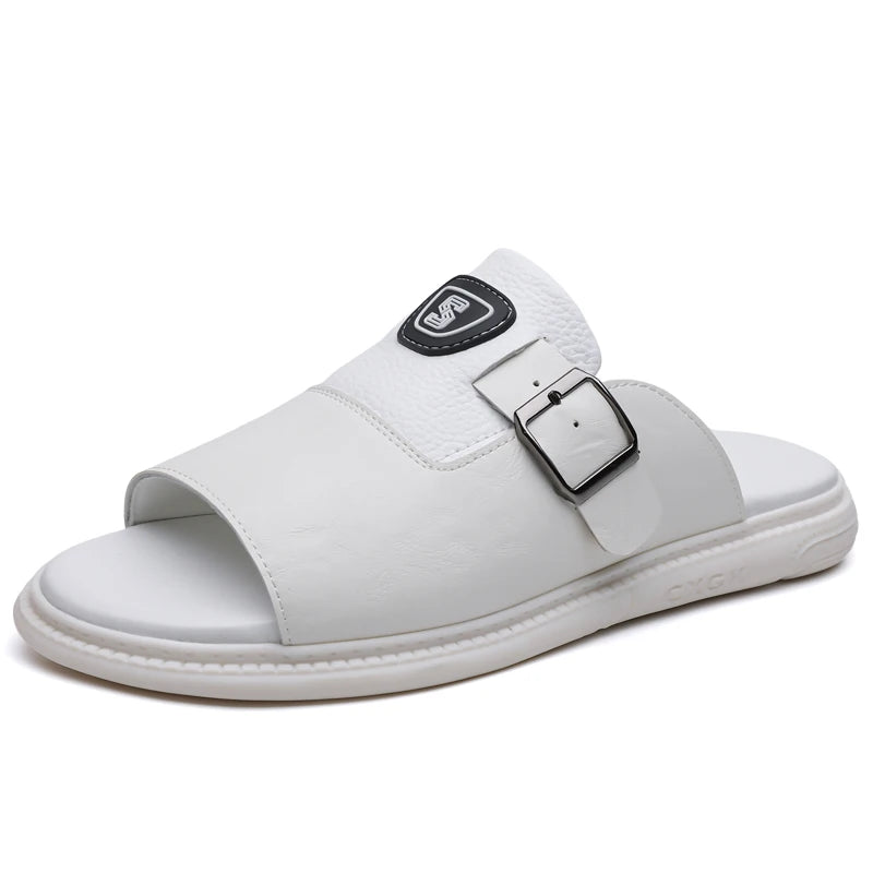 Men's Leather Slide Sandals with Buckle Strap – Footmaxldn