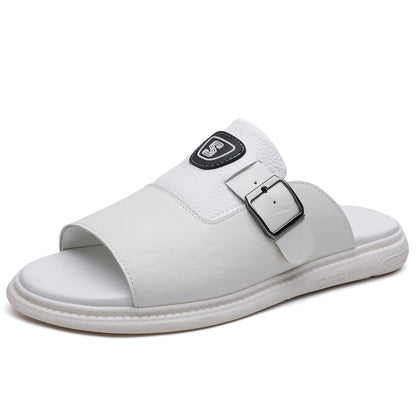 Men's Leather Slide Sandals with Buckle Strap – Footmaxldn