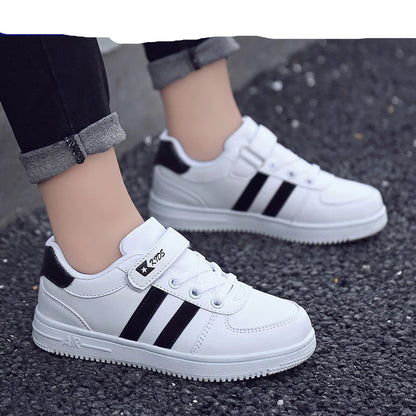 Kids' White & Black Stripe Velcro Trainers — Unisex School & Sport Sneakers
