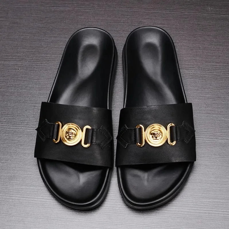Men's Genuine Leather Slides with Gold Medallion Hardware – footmaxldn