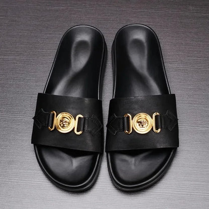 Men's Genuine Leather Slides with Gold Medallion Hardware – footmaxldn