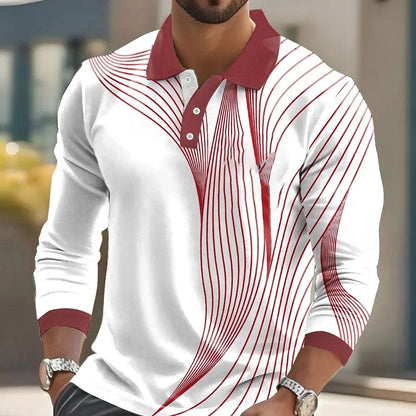 Footmax Men's Striped Print Golf Shirt - Long Sleeve Polo Business Casual 3D Autumn Winter - footmaxldn