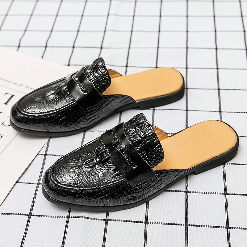 New Men Half Slippers Penny Loafers Male Casual Alligator Pattern Black Brown Mules Moccasins Breathable Driving Shoes - footmaxldn
