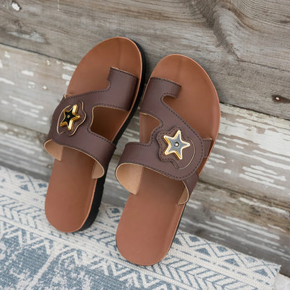 Women's Fashion Sandals with Elegant Star Detail Comfortable Slip-On Flat Bottom Shoes Gold Decorative Buckle Stylish Footbed - footmaxldn