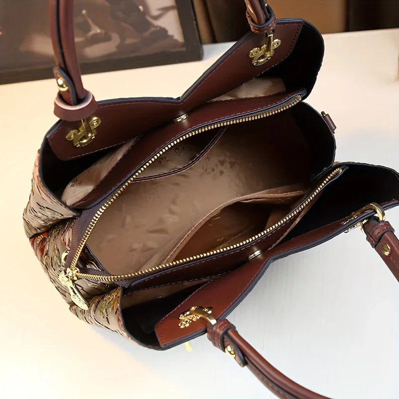 Vintage Flower Pattern Handbag, Luxury PU Leather Tote Bag, Fashion Crossbody Bag For Women - footmaxldn